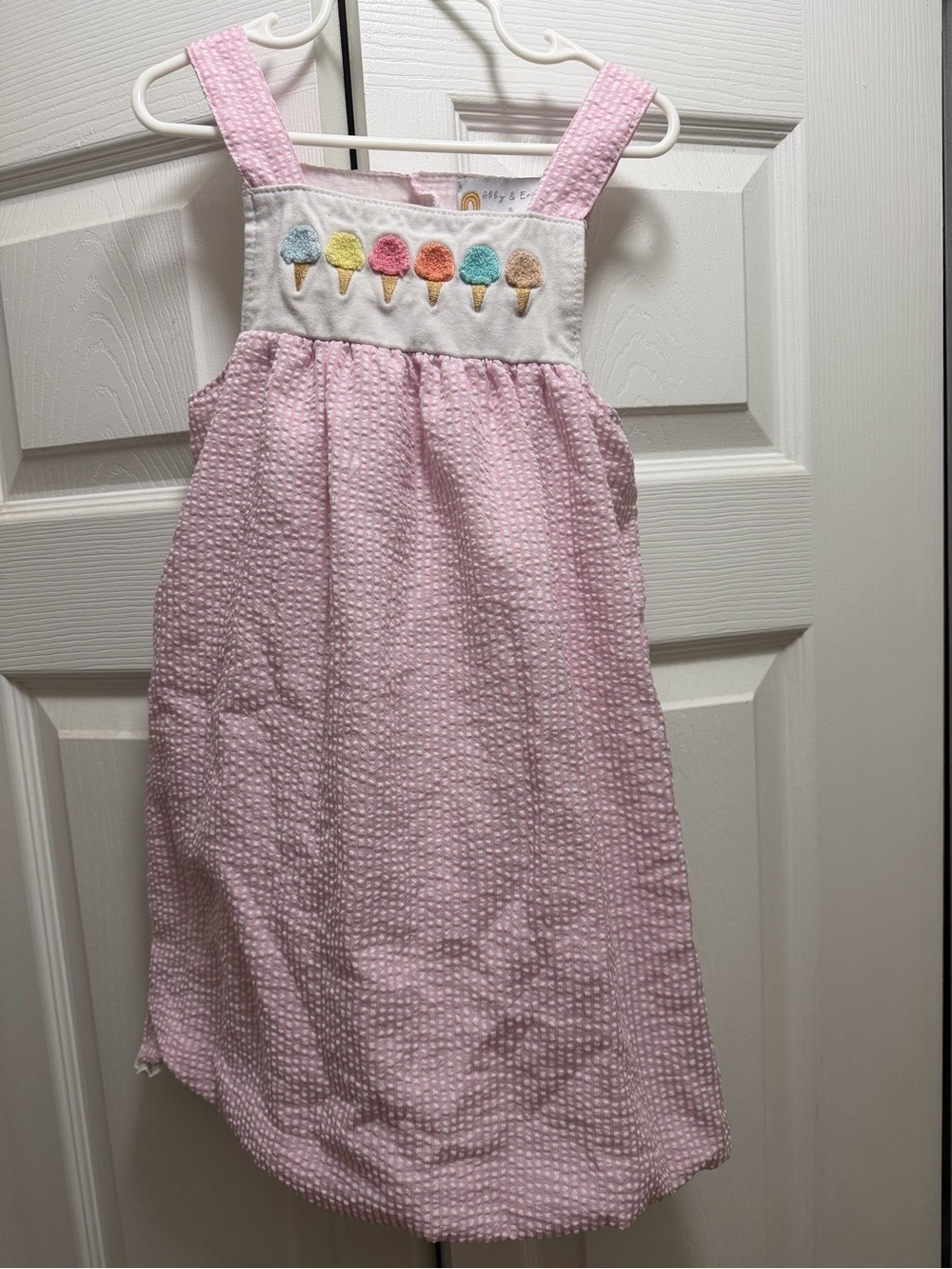 Girls Pink Seersucker Sundress with Ice Cream Embroidery Abby and Evie